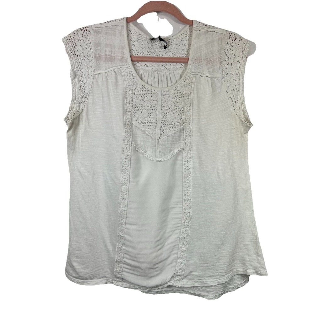 Cable & Gauge‎ White Lace Mixed Media Top L Cotton Cottagecore Boho Sleeveless